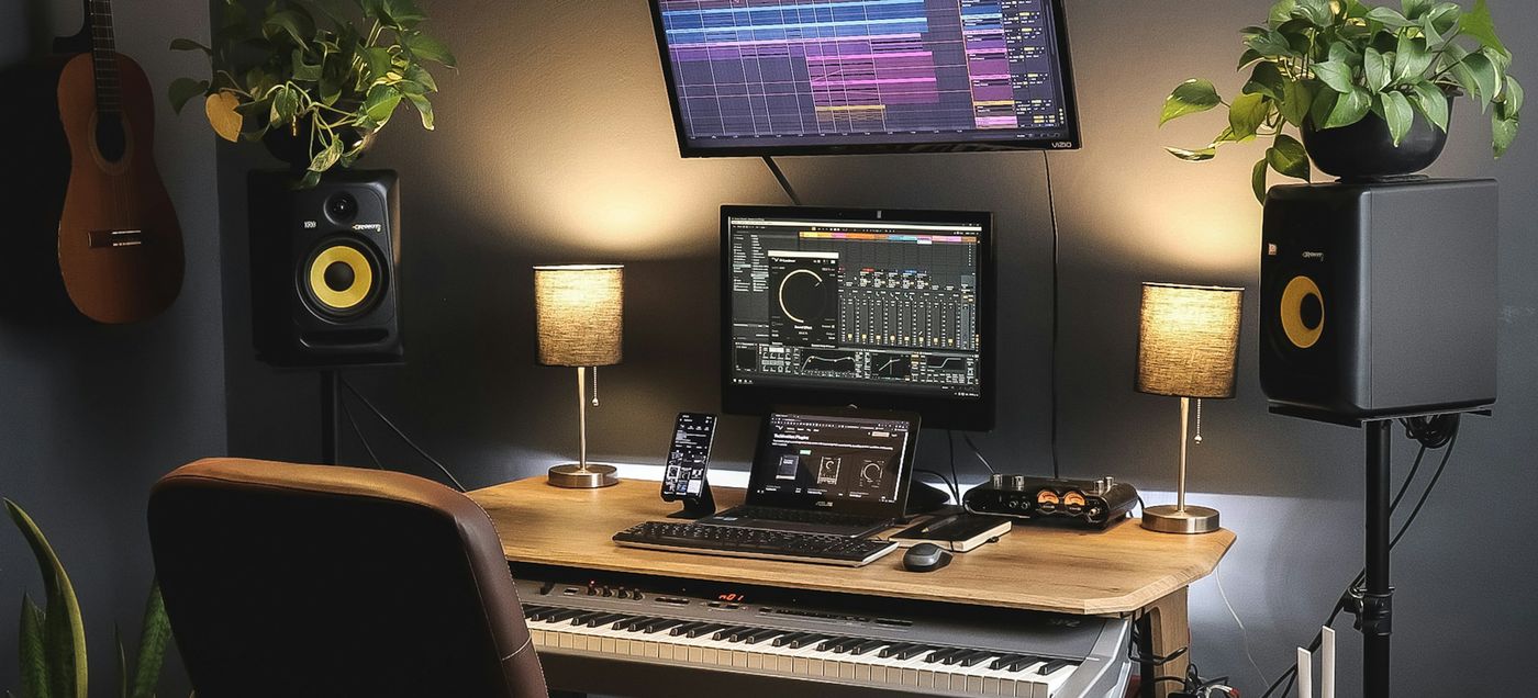 Musikproduktionsplatz mit Studiomonitoren, Keyboard und geöffneter Audiosoftware auf zwei Bildschirmen